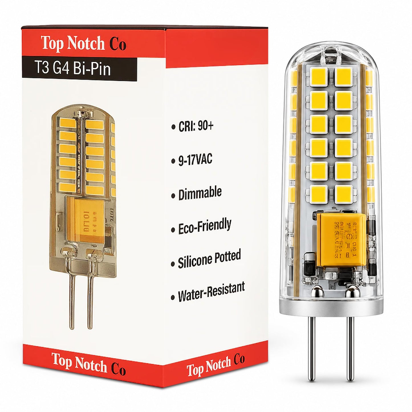 Top Notch Co G4 Bi-Pin LED Bulb (1 Pack) (2700K) - 2.5W, 12V T3 LED Halogen Replacement, Dimmable 80 LM - 360°, 95+ CRI, Silicone Potted, (9-17 VAC)