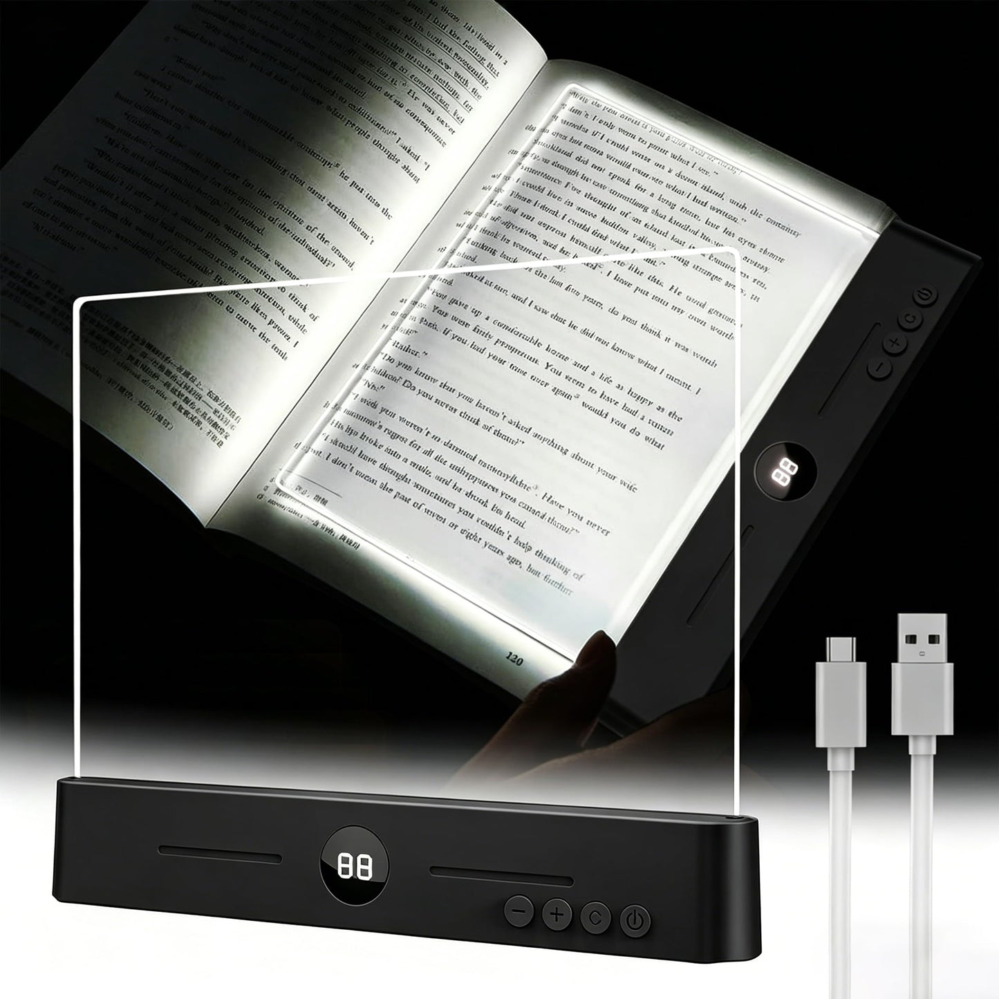 TFFUAM LED Book Light and Night Light 2 in 1, USB Rechargeable Clear Flat Book Light with 3 Colors & Timer, Dimmable Book Lights for Reading at Night