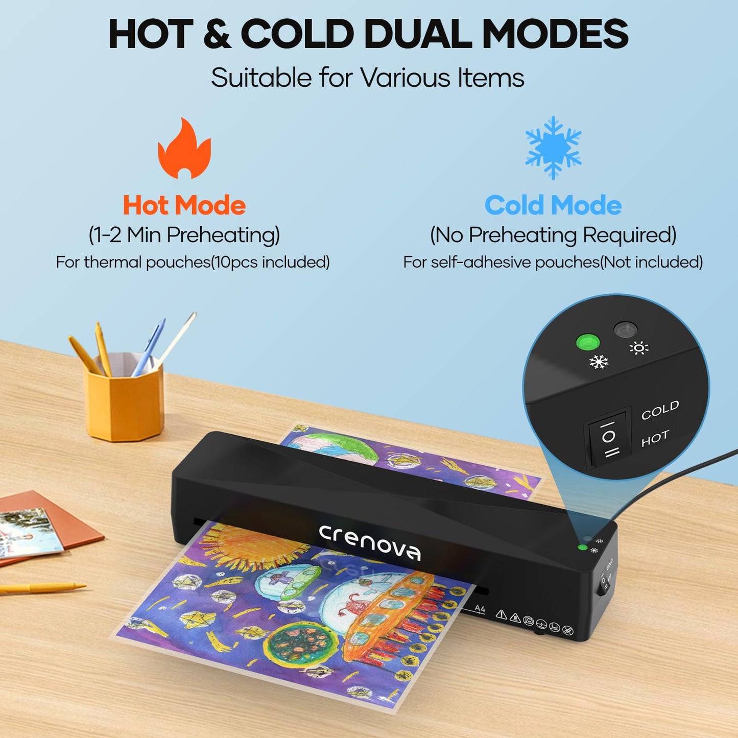 Crenova Laminator Machine with 10 Laminating Sheets, A4 Laminating Machine