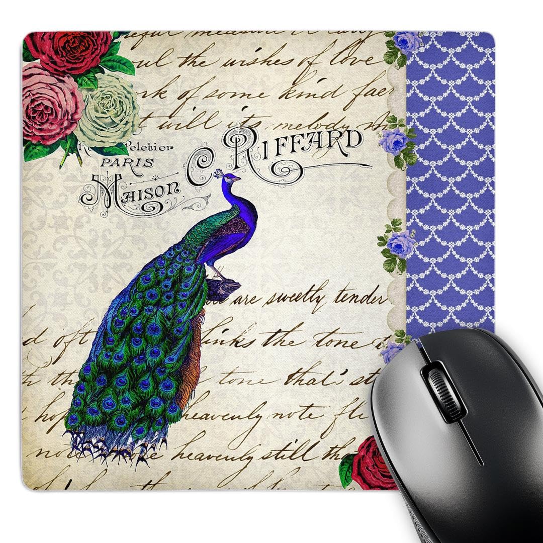 3dRose LLC 8 x 8 x 0.25 Inches Vintage Peacock on Cream Red Roses Flowers Royal Blue Fancy Stylish Elegant Hand Text Pattern Mouse Pad (mp_76592_1)