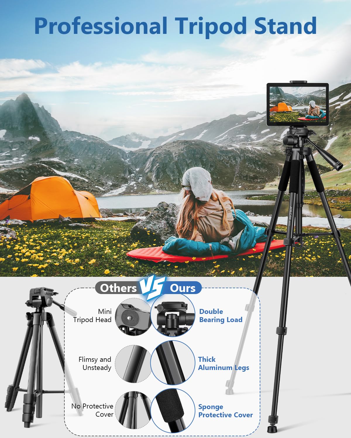 JOILCAN 67" Phone iPad Tripod, Professional Camera Tripod Stand for Tablet iPhone with 2-in-1 Holder & Carry Bag, Extendable Travel Tripod
