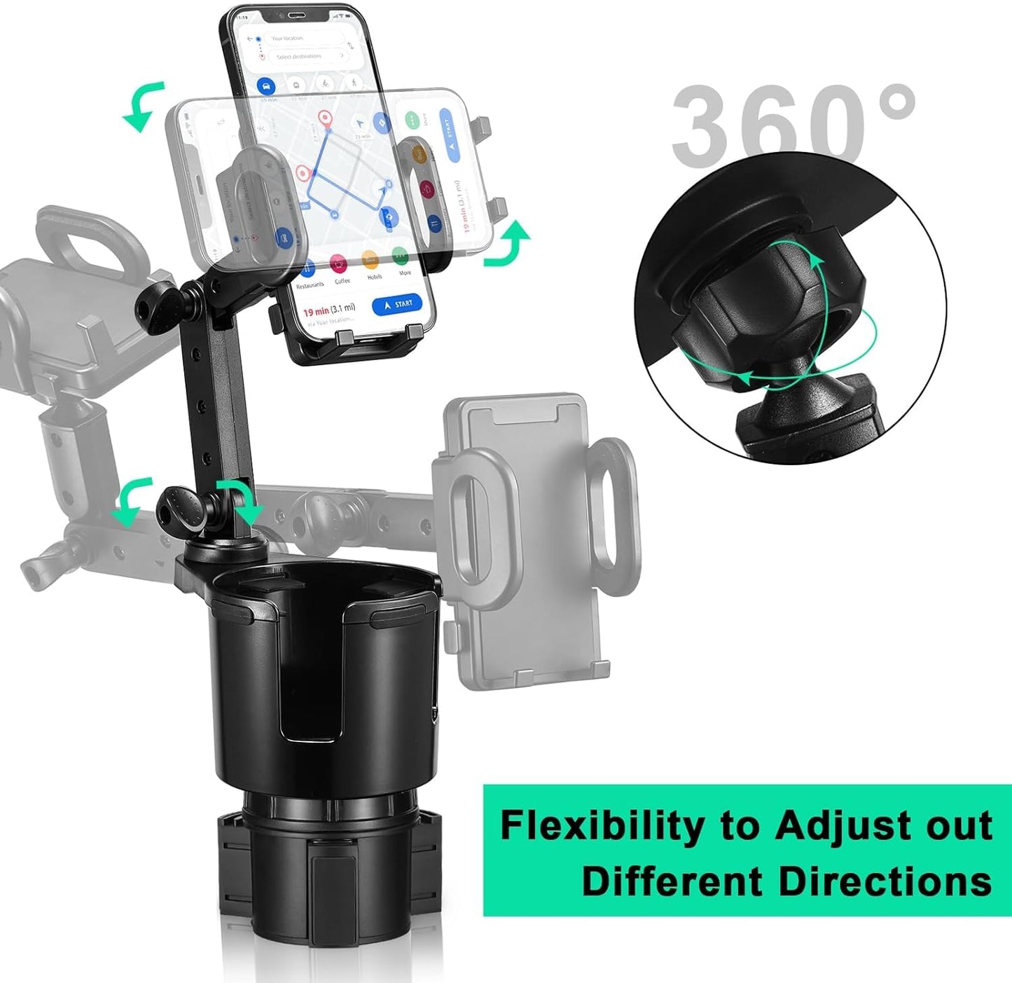 This Hill Car Cup Holder Expander 2-in-1 with Adjustable Base & 360° Rotating Phone Mount, Compatible with iPhone 17 Pro Max and Smartphones up