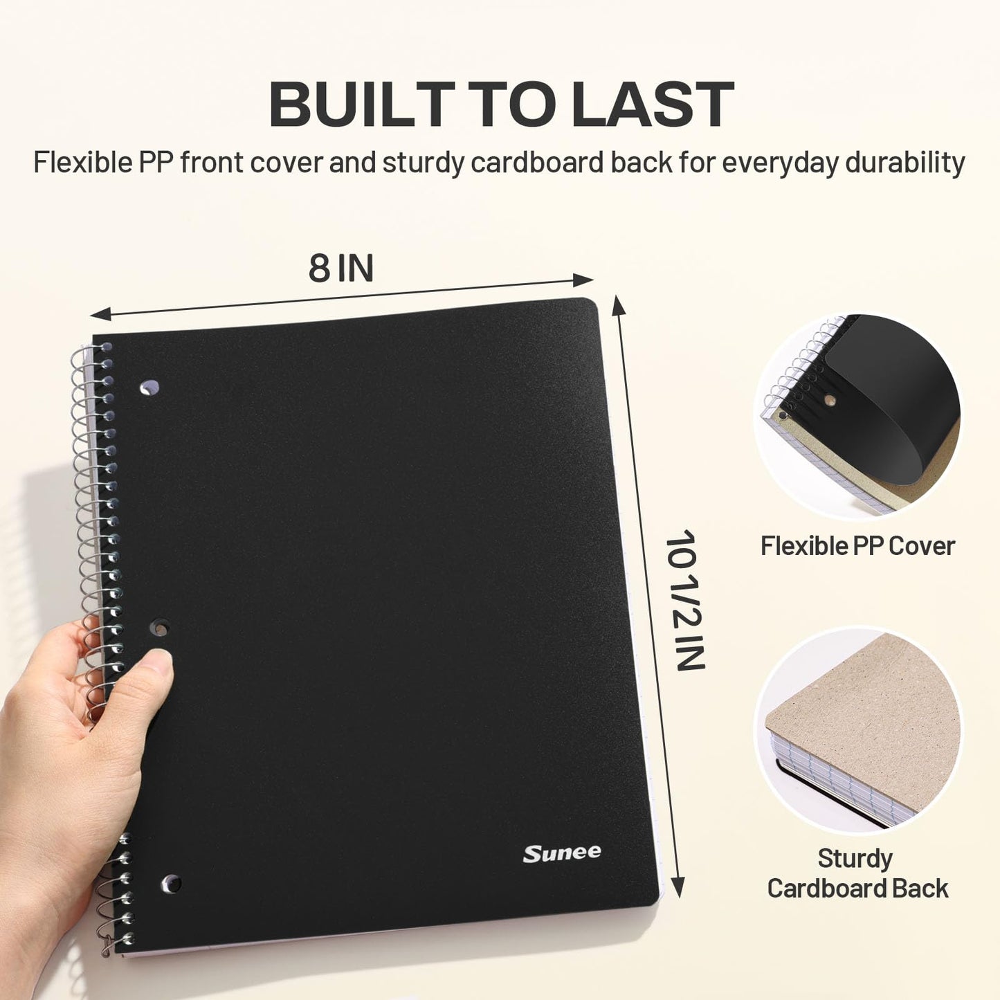 SUNEE Spiral Notebook, 1-Subject, Graph Ruled Paper, 8" x 10-1/2", 100 Sheets per Notebook, 3-Hole Punched Paper, Water Resistant Cover, Spiral Grid