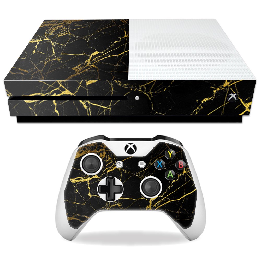 MightySkins Skin Compatible with Microsoft Xbox One S - Black Gold Marble | Protective, Durable, and Unique Vinyl Decal wrap Cover | Easy to Apply