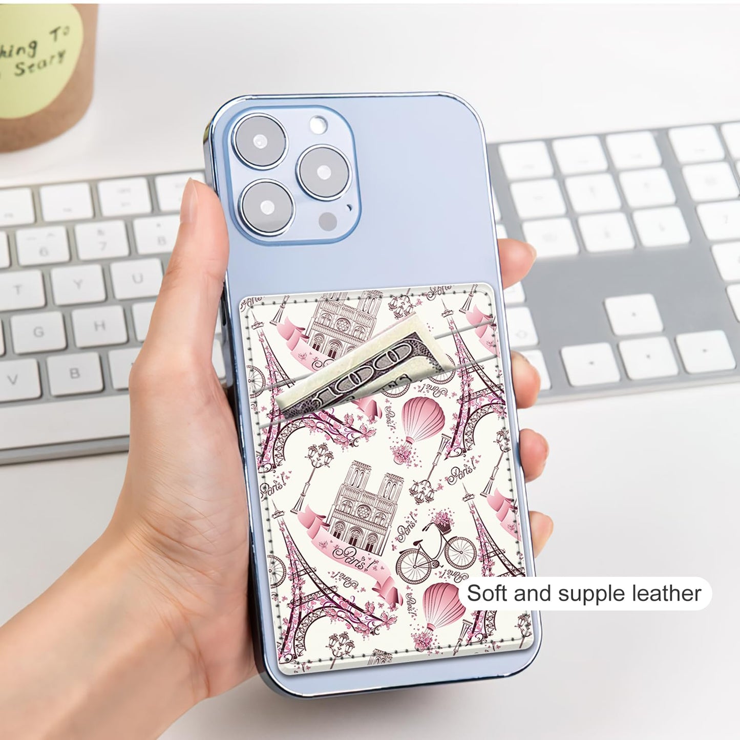 AFPRNK Phone Card Holder, Dual Pocket Leather Wallet Adhesive Stick On, Cute Credit Card Holder for Smartphones Case Compatible with Most Phone?Tower?