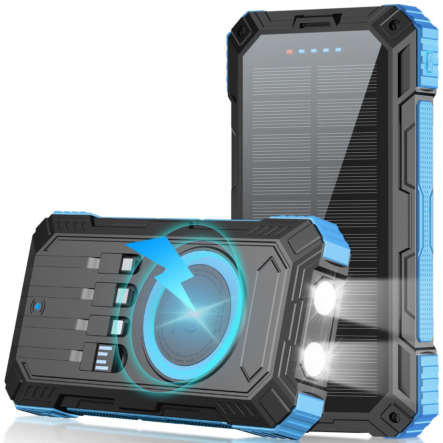 Nymzixt Solar Power Bank 49800mAh Portable Wireless Charger with USB-C 22.5W Fast Charging Built in 4 Cables Compatible with iPhone, iPad, Bright LED