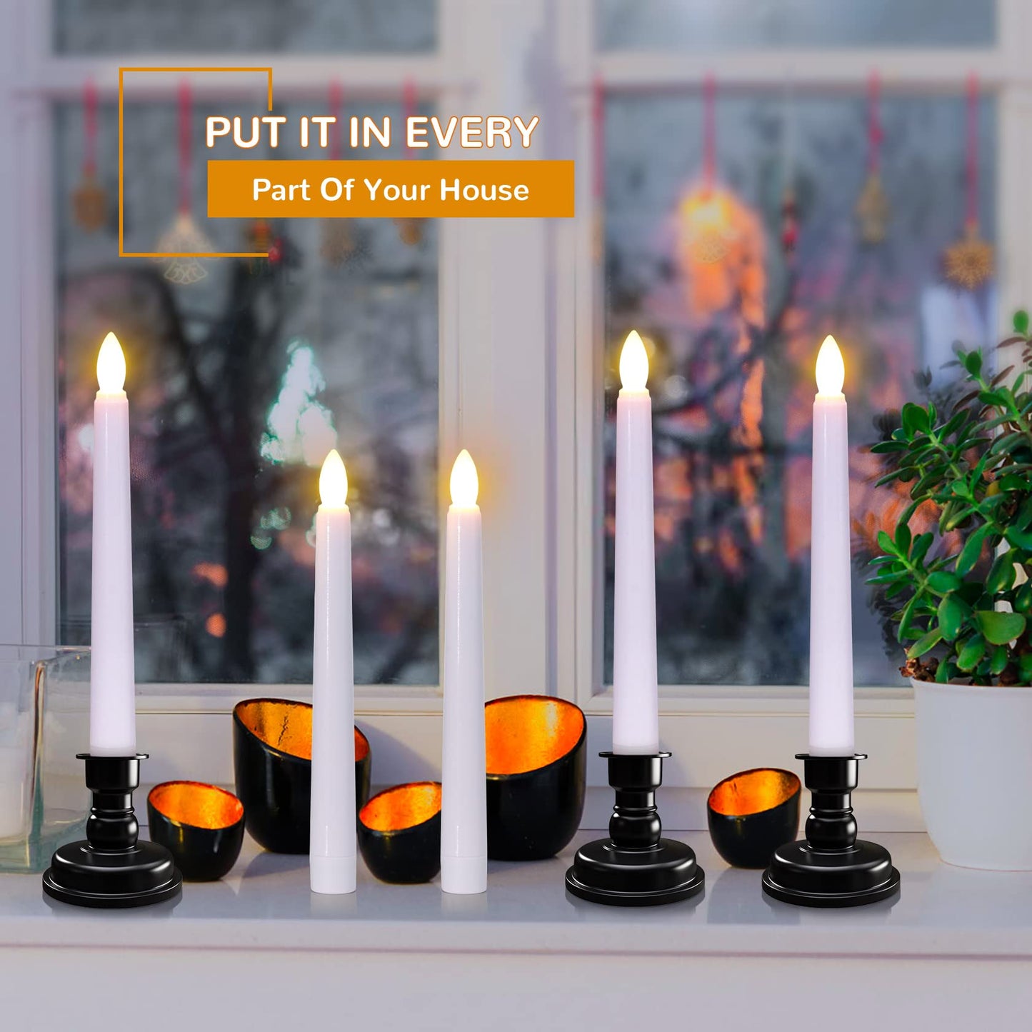 PChero LED Taper Candles with Remote Timers, 6 Pack Flameless Battery Operated Flickering Window Candles with Candlestick Holders for Thanksgiving