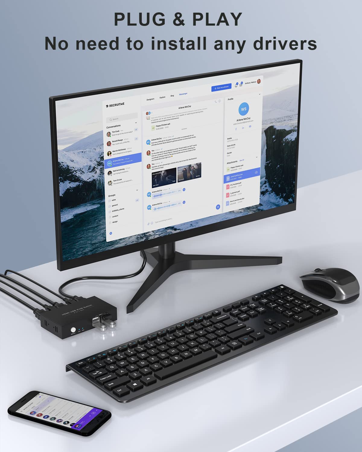 HDMI KVM Switch 1 Monitors 2 Computers, USB KVM Switches Sharing 4 USB, Support Wireless Keyboard and Mouse, Powered by USB, with 2 HDMI and 2 USB