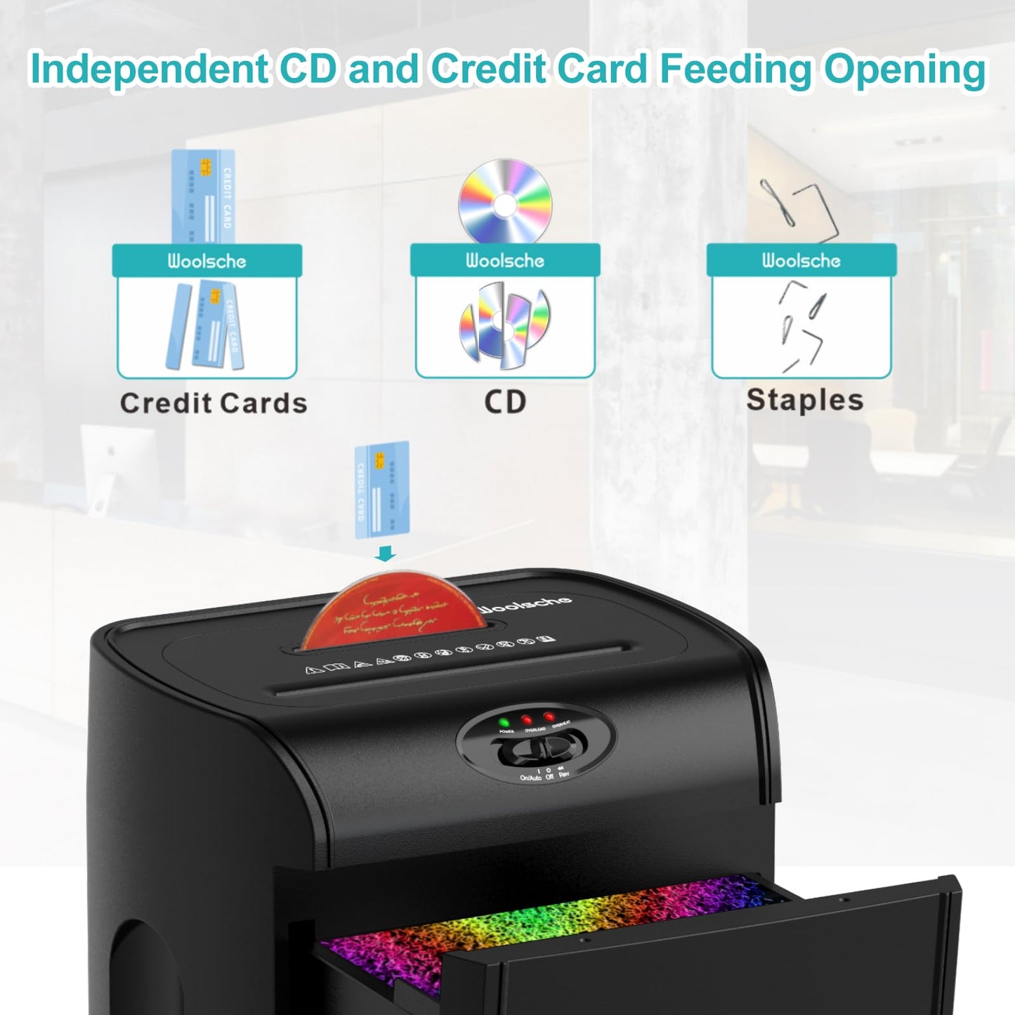 Woolsche Paper Shredder, 16-Sheet Cross Cut with 4.76-Gallon Pull Out Basket, P-4 Security Level, 3-Mode Design Shred Paper and CD/Credit Card