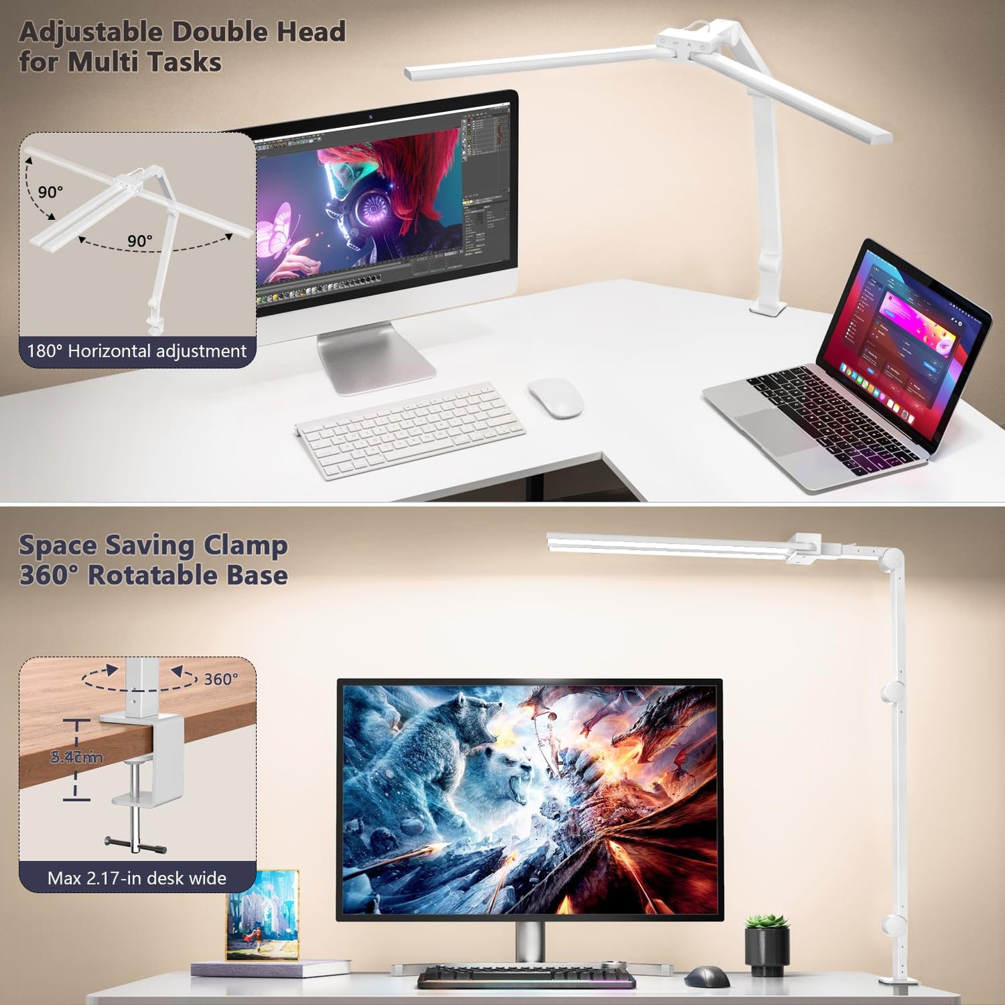 KableRika Desk Lamp,Double Head Desk Lamp with Clamp,24W Led Desk Lights for Home Office Ultra Bright Architect Table Lamp 4 Brightness 4 Color,Auto