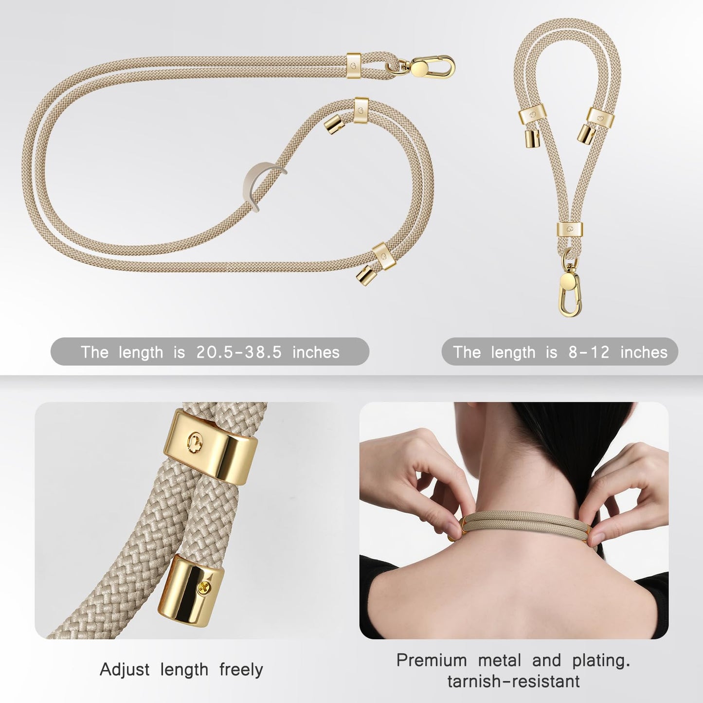 UKON Cell Phone Lanyard,Crossbody Lanyard and Wrist Strap Premium Metal Buckle Phone Charms with 2 X Strap Patch Compatible with All Smartphone(Khaki)