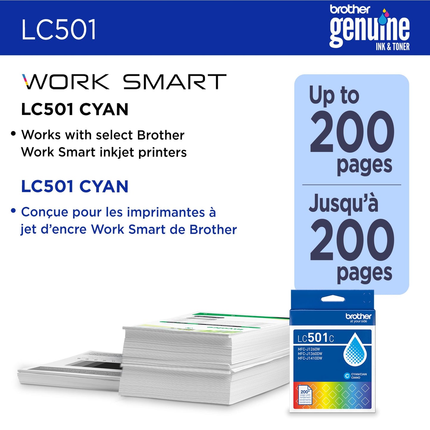 Brother Genuine LC501C Standard Yield Cyan Ink Cartridge (for use with Work Smart 1360DW and 1410DW Printers)