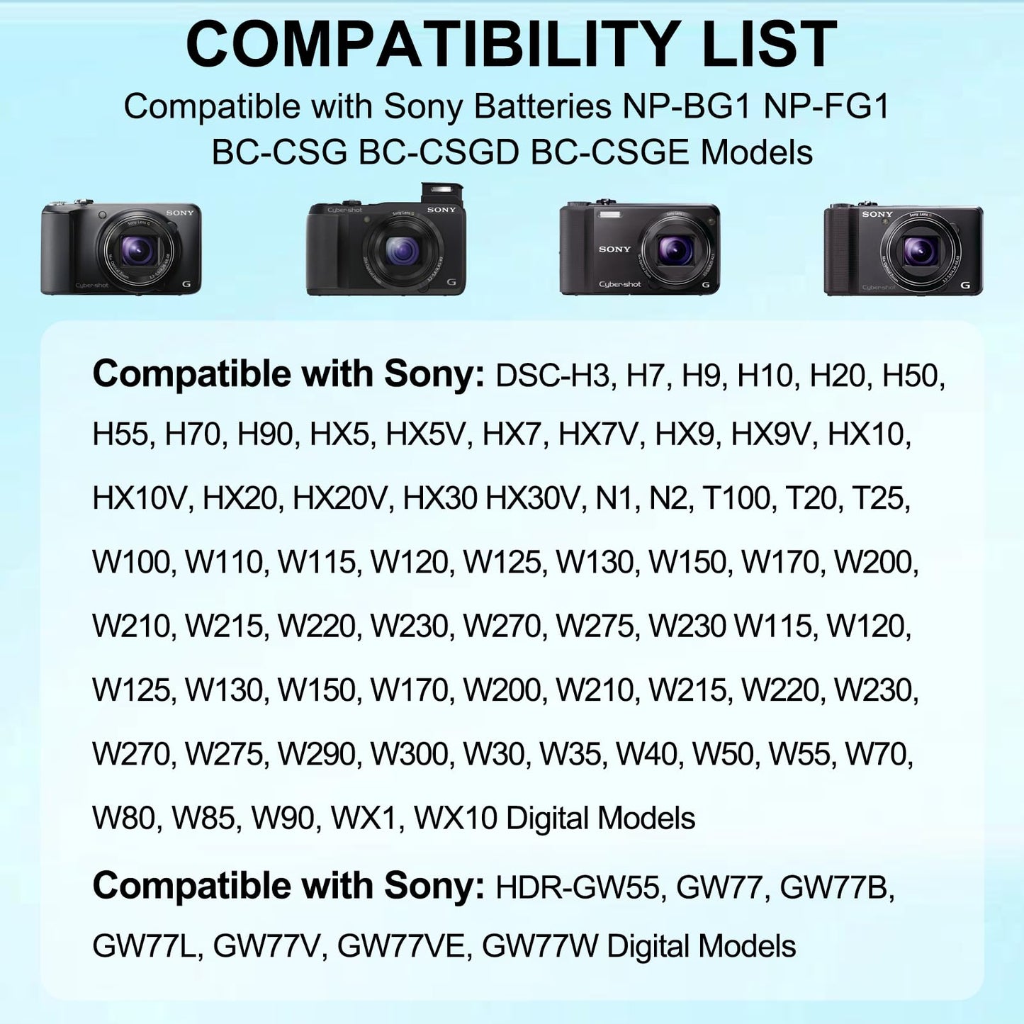 NP-BG1 NP-FG1 Battery Charger for Sony: Compatible for BC-CSG BC-TRN2 BC-TRN BN1 FD1 FT1 FR1 Battery Cyber-Shot DSC-H3 DSC-H7 DSC-H9 DSC-H10 DSC-H20