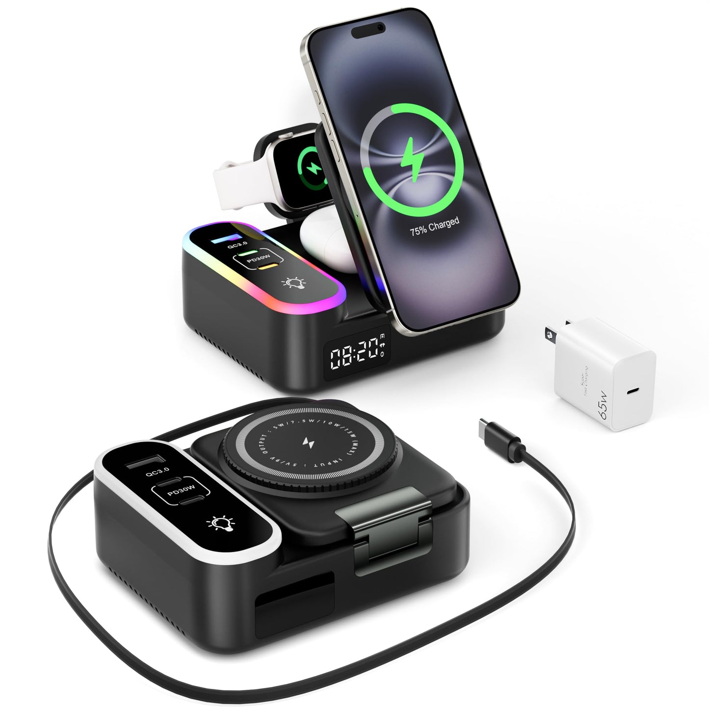 8-in-1 Charging Station 65W, 15W Magnetic Wireless Charger with Retractable Cable, 30W USB C Fast Charging Stand for iPad, Multiple Devices for iPhone