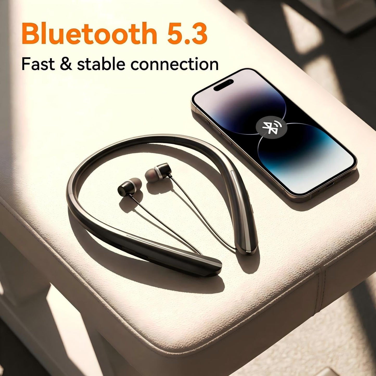 Qeapaue Bluetooth 5.3 Neckband Bluetooth Headphone, Sweat Resistant Noise Cancelling Stereo Headphones, and Retractable Ear Tips for Music