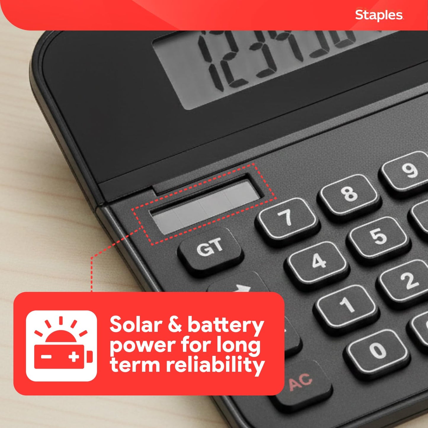 Staples 10-Digit Desktop Calculator, Solar/Battery, Large LCD Display, Basic Financial Functions, Compact Office Desk Calculator