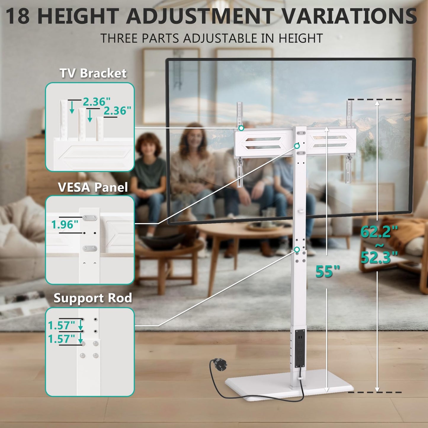 WALI Floor TV Stand with Power Outlet, Tall TV Stand Mount for 32-75 inch TVs up to 110 lbs, Swivel and Height Adjustable TV Stands with Wood Base