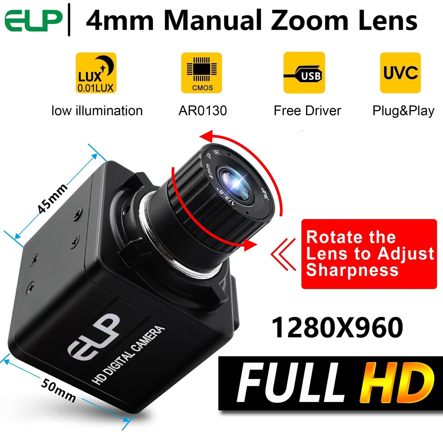 ELP Low Illumination USB Camera HD Manual Zoom 4mm Lens PC CMERA for Computer Mini UVC Webcam 0.01lux Industrial Webcamera 960P AR0130 Security