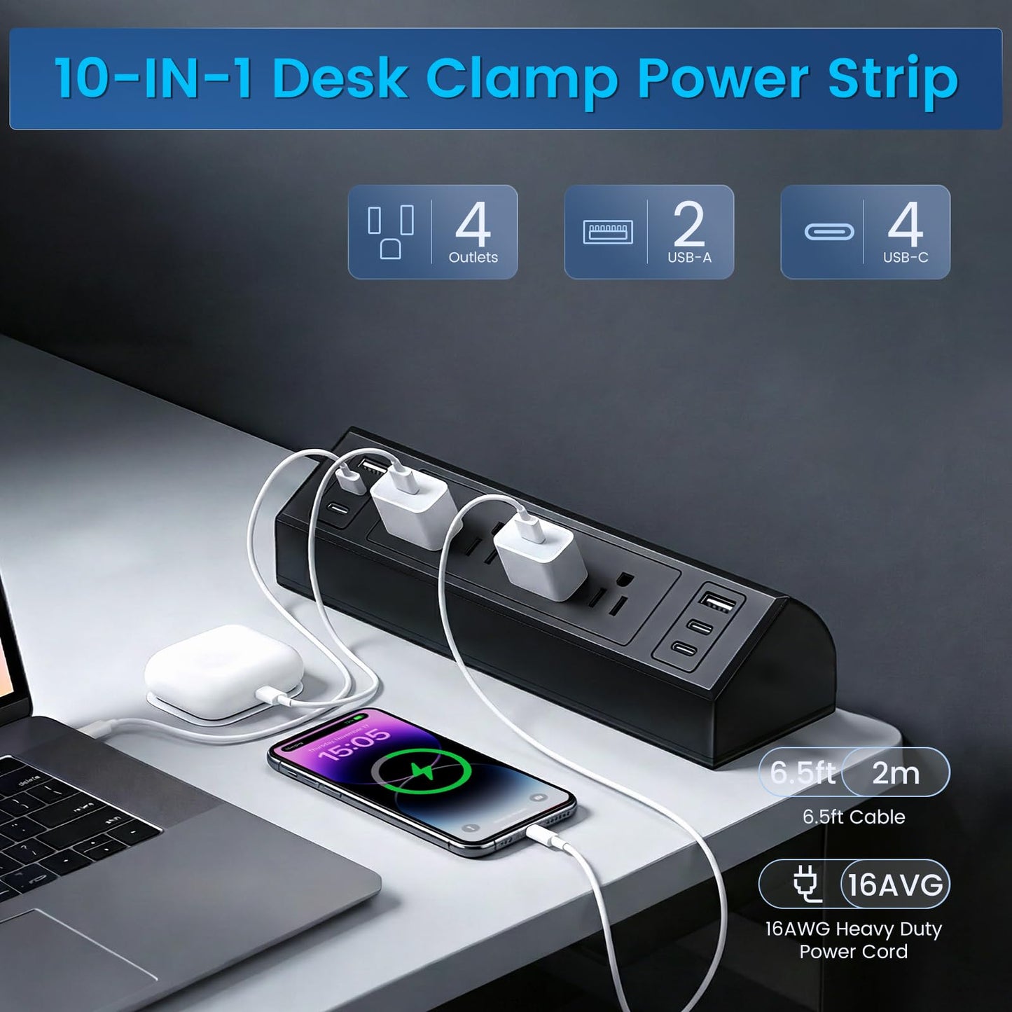 Desk Clamp Power Strip with 40W Total Fast Charging Station, 4 PD 20W USB C Ports, 4 AC Outlets, 1875W Surge Protectors, 6.5 FT Flat Plug Desk Edge