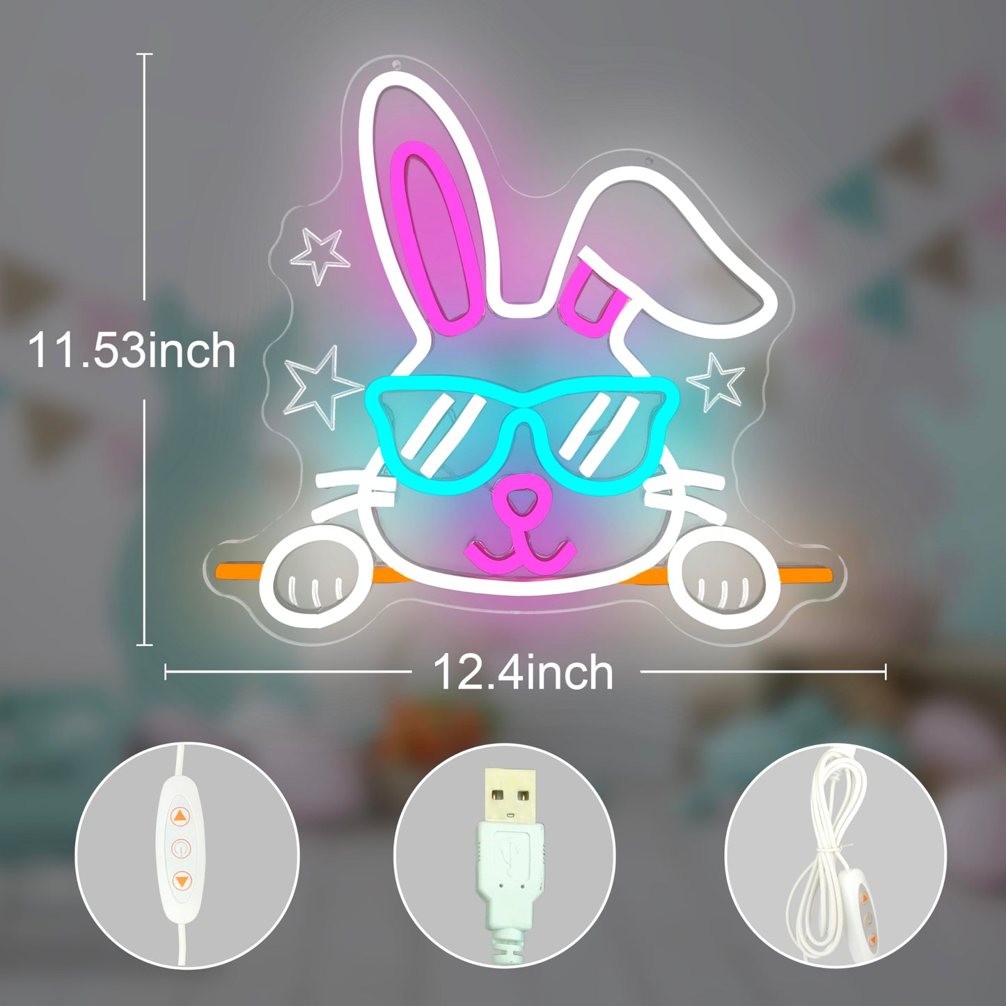 Bunny Neon Sign Happy Easter Neon Light for Home Dimmable Easter Decorations Neon Wall Art Glasses Rabbits LED light Sign for Bar Office Shop Bunny