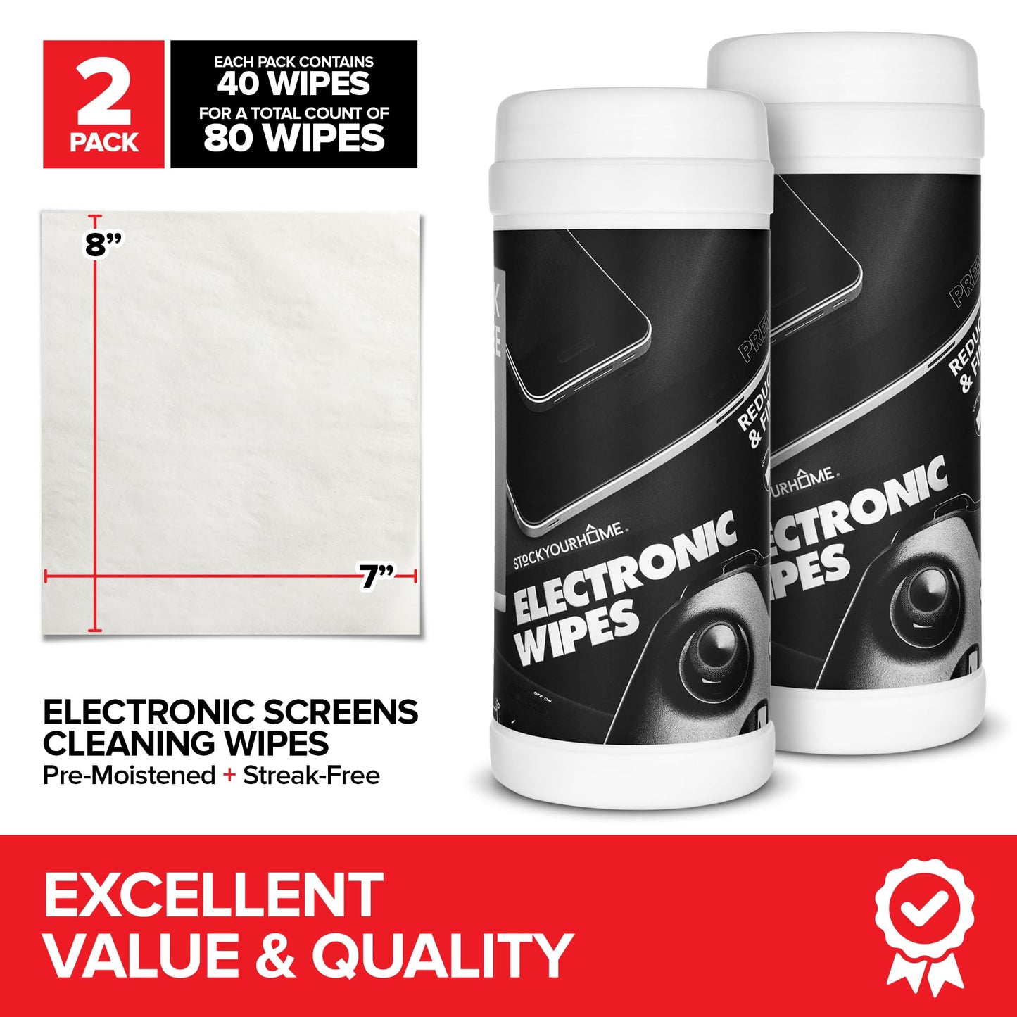 Electronic Screen Cleaner Wipes (80 Count, 2 Pack), Streak Free Pre-Moistened Wipes for Cleaning TVs, Laptops, Phones, Watches, Glasses, Cameras