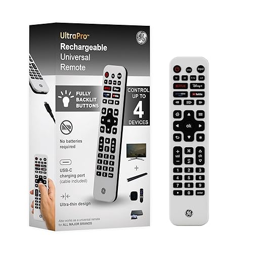 GE Rechargeable TV Remote Control, Universal Remote Control, Backlit Buttons, Samsung TV Remote Control Replacement for Smart TVs, Apple TV, Sony