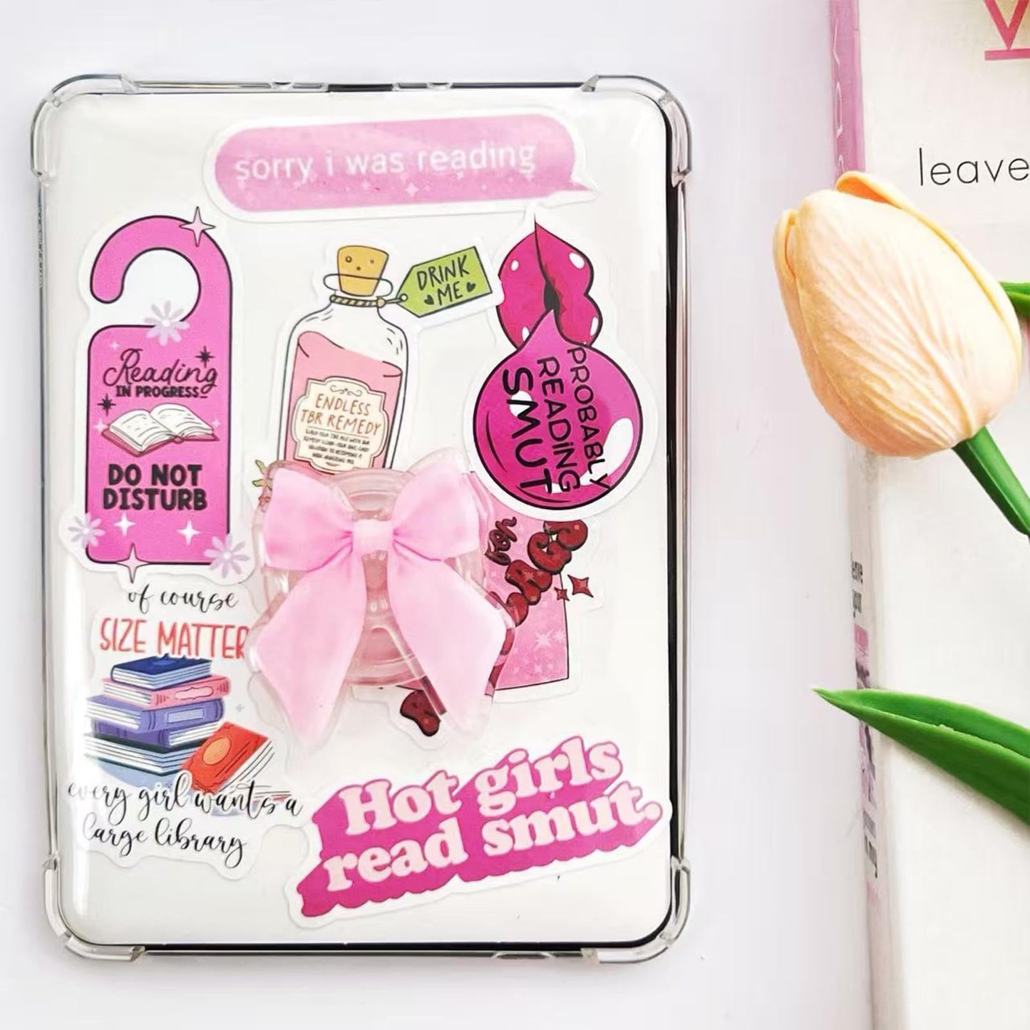 Cute Pink Bow Kindle Grip, for with Kindle E-Readers, iPhones and Smartphones,Rotating Folding Elastic Base, A Gift for Book Lover
