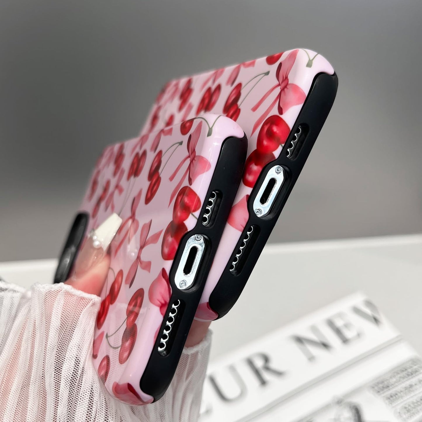 branple Compatible with iPhone 12 Pro Max Case,Cute Pink Cherry Bow Pattern with Shockproof Slim Soft TPU and Hard PC Protective Cover for Women