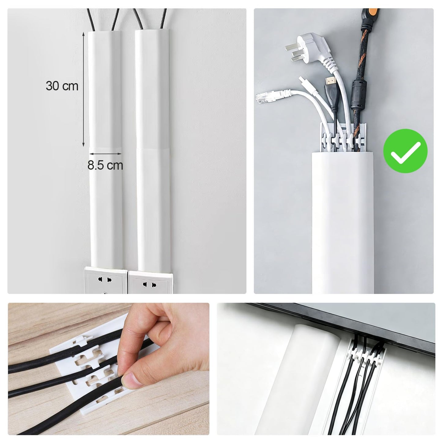 Cable Management Raceway Self Adhesive 30CM, Wall Cord Clip Concealer Channel, Wire Cover Hider for Home Office Desk TV PC(White, 2 Pack)