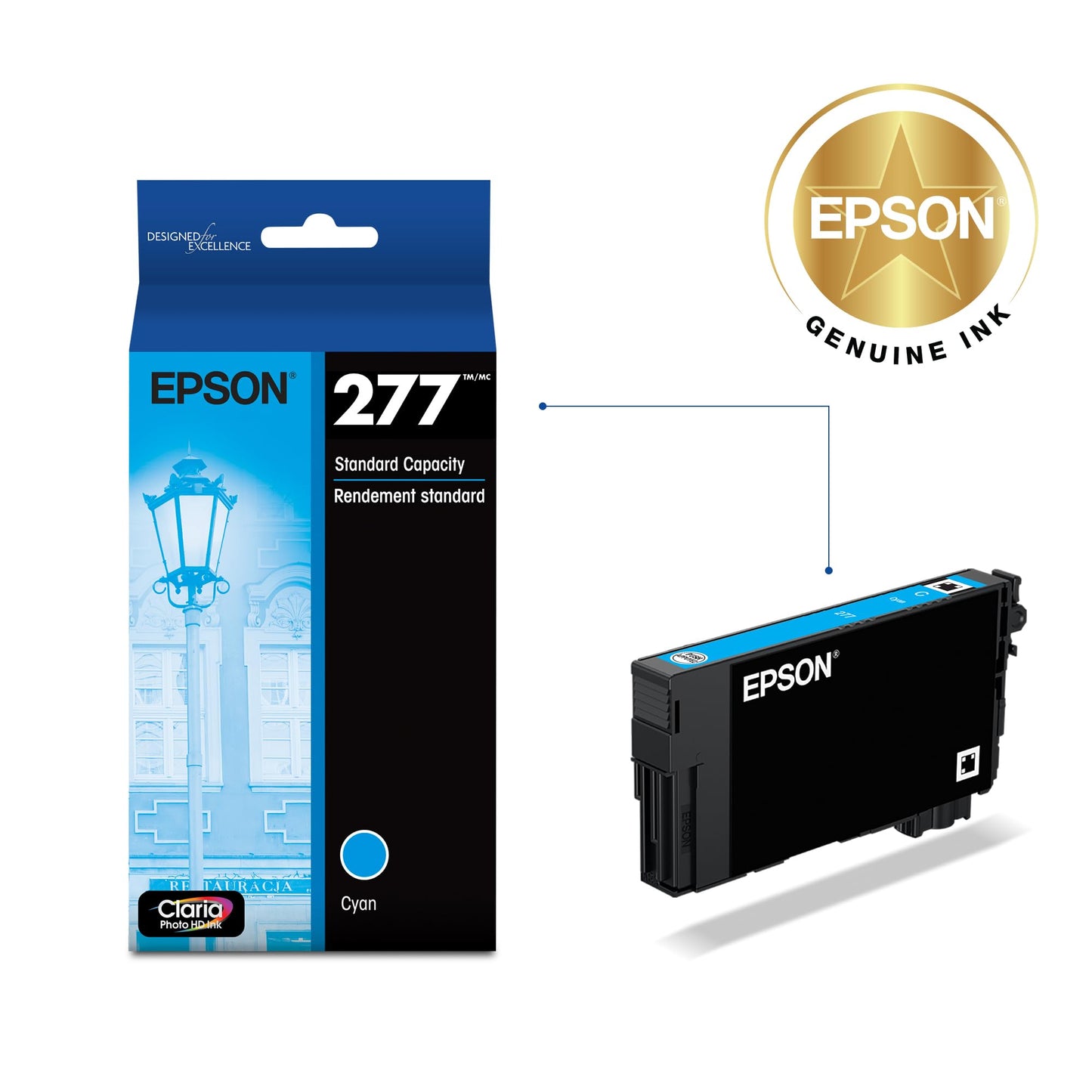 Epson 277 Claria Photo HD Ink Standard Capacity Cyan Cartridge (T277220-S) Works with Expression XP-850, 860, 950, 960, 970