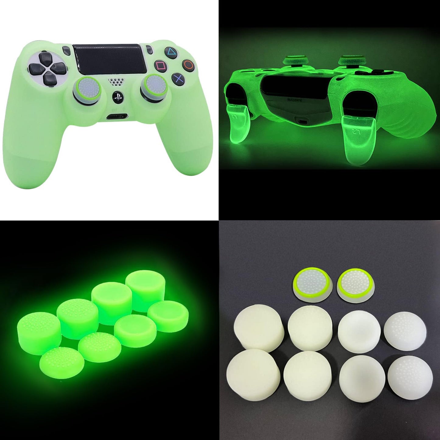 HLRAO Green Anti-Slip Glow in The Dark Protective Silicone Cover Skin Grips Compatible with PS4/Slim/Pro Controller with 8 PCS Thumb Grips Caps and 2