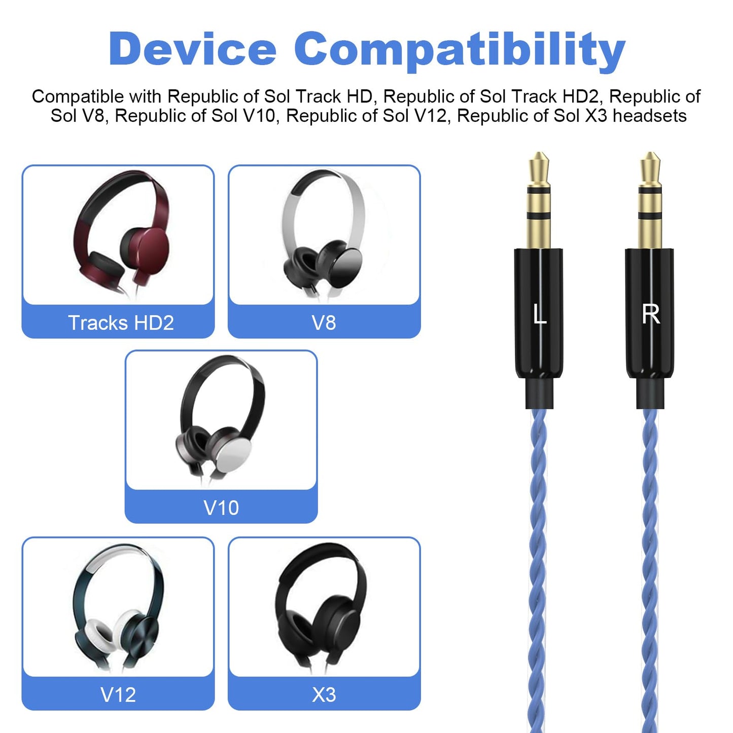 Sol Republic Cable Compatible with Sol Republic Tracks HD, Tracks HD2, V8, V10, V12, X3 Headphones, Sol Republic Headphone Cable for iPhone Samsung…