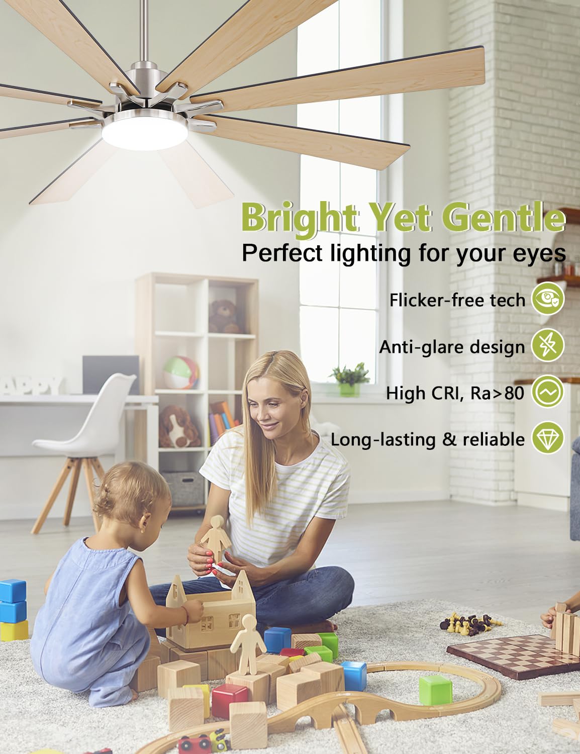 Vaczon 72 Inch Modern Ceiling Fans with Lights and Remote Nickel Large Airflow Ceiling Fan,Dimmable Lighting, Reversible DC Motor, Noiseless, Indoor