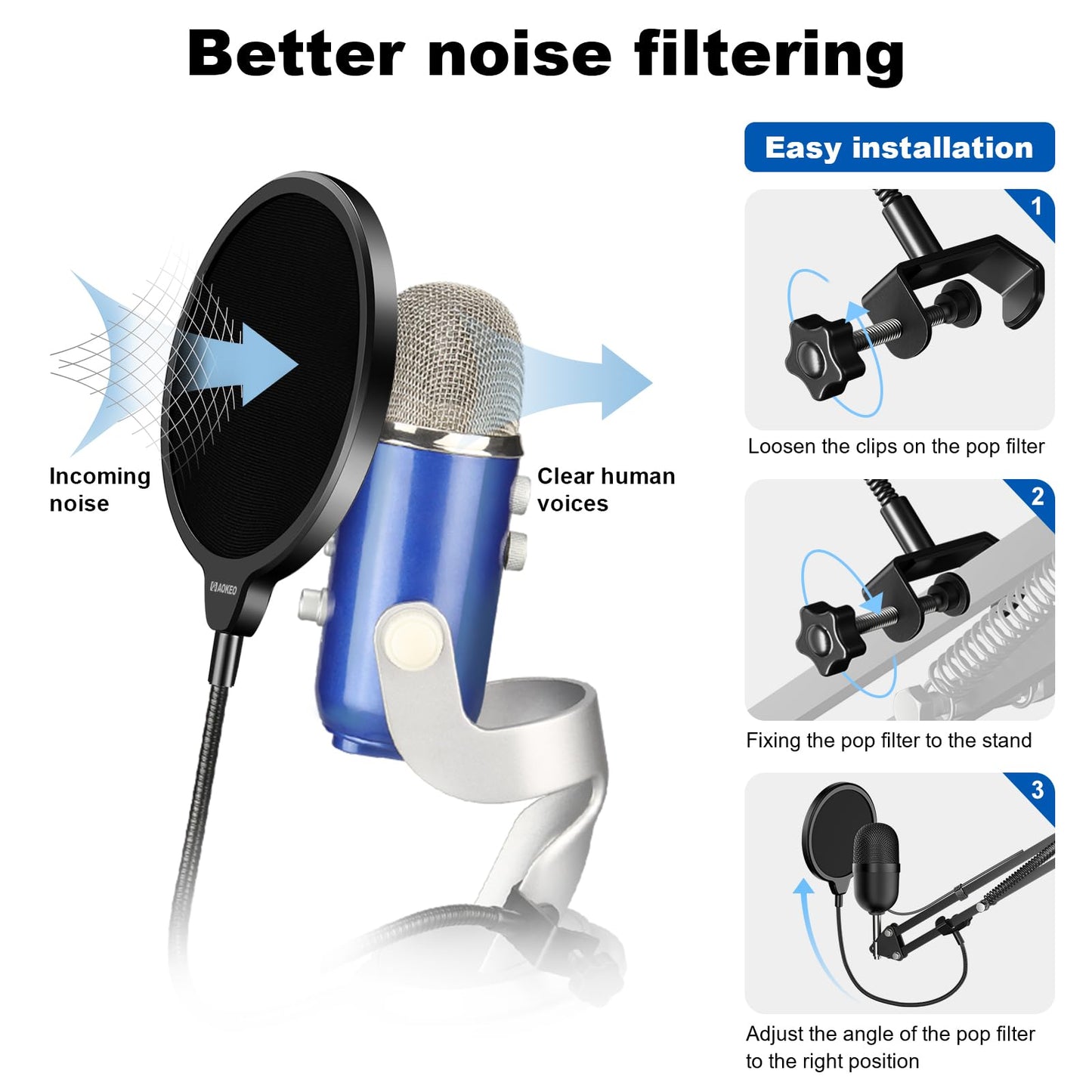 Aokeo Professional Microphone Pop Filter Mask Shield For Blue Yeti and Any Other Microphone,Mic Dual Layered Wind Pop Screen With Flexible 360°