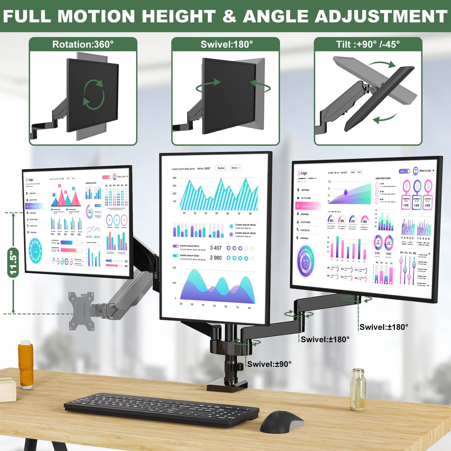 UPGRAVITY Triple Monitor Desk Mount for Three Flat/Curved Computer Screens up to 27 inch, Fully Adjustable Gas Spring Triple Monitor Arms Hold up