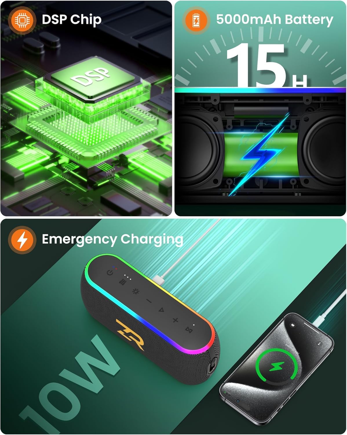 ZICOROOP Bluetooth Speaker, Portable Wireless Speakers with Hooks, 40W Deep Bass EQ, IPX6 Waterproof, Bluetooth 5.3 TWS, RGB Lights, 15H Playtime