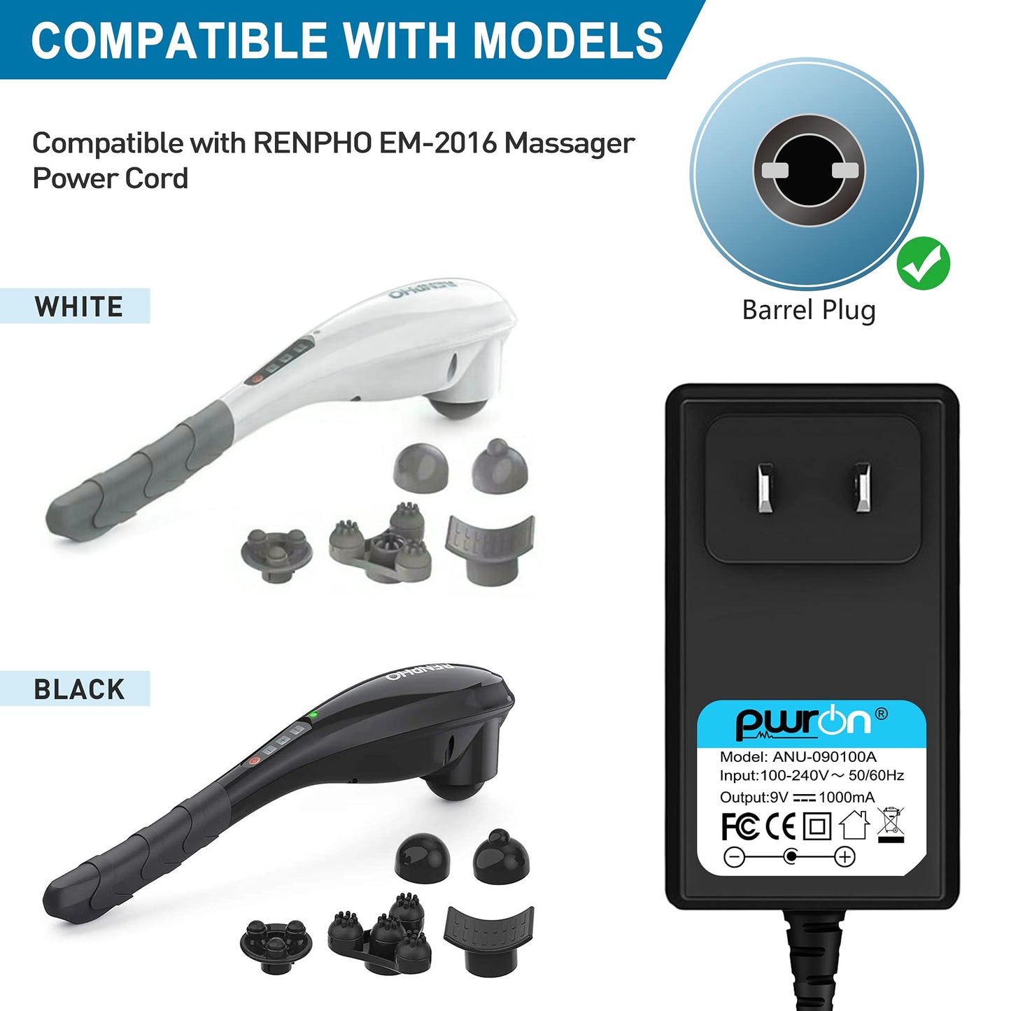 PwrON 9V Ac Dc Adapter Compatible with RENPHO EM-2016C 2016, RF-EM2018C EM-2018C & Naipo Cordless Hand Held Deep Tissue Percussion Massager Power Cord