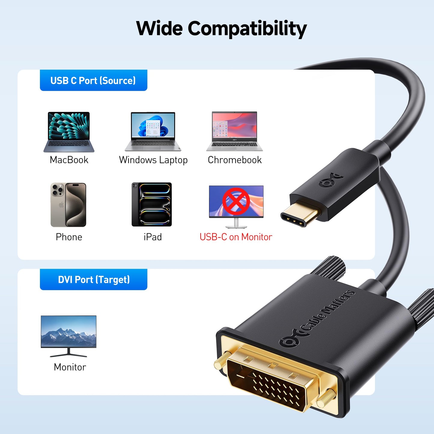 Cable Matters USB C to DVI Cable (USB-C to DVI Cable) 6 ft - Thunderbolt 4 / USB4 / Thunderbolt 3 Port Compatible with MacBook Pro, Dell XPS 13, 15