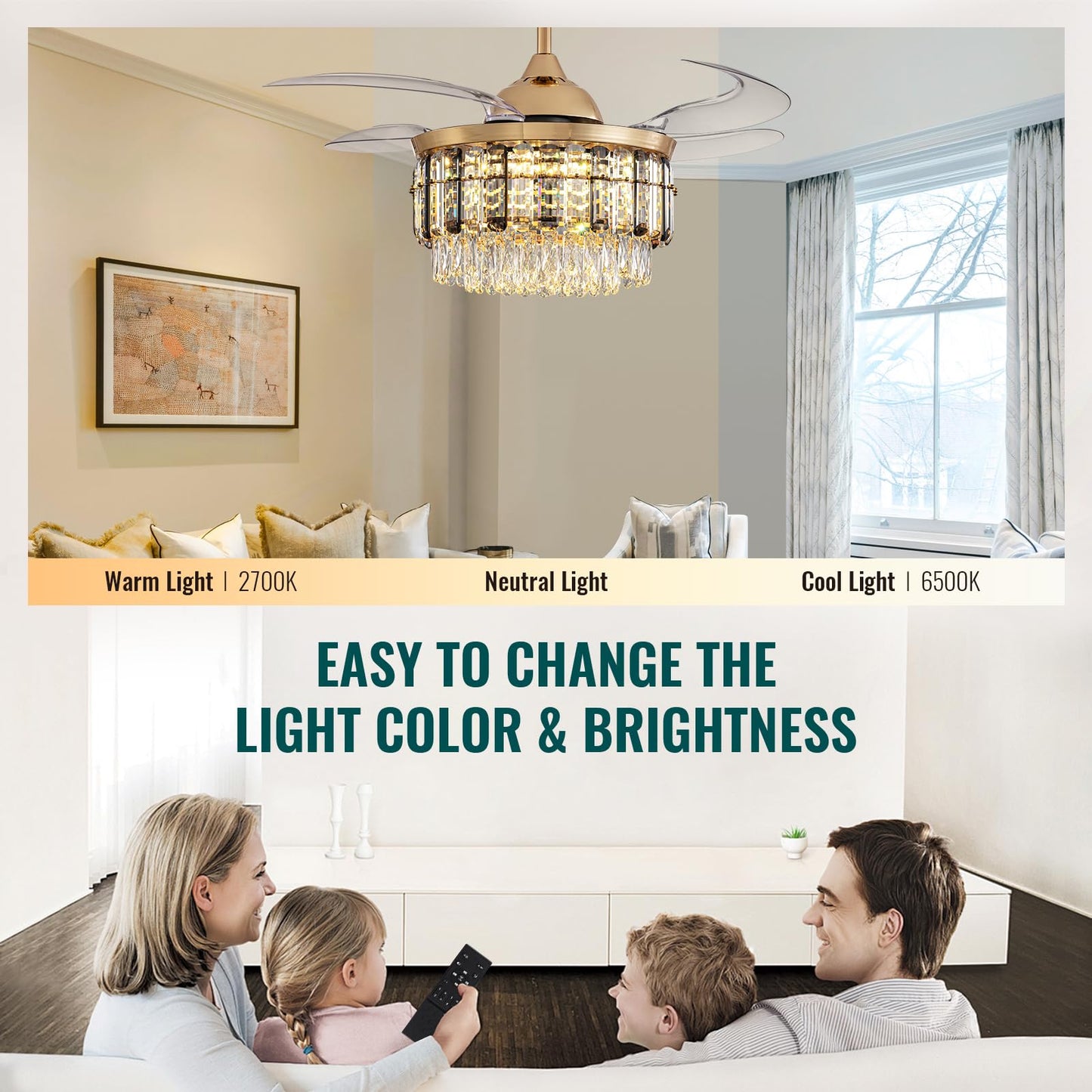Siljoy 48 Inch Crystal Ceiling Fan with Light, Retractable Ceiling Fan with Lights Chandelier Fan, 6 Speeds, Dimmable Rose Gold Crystal Fandelier
