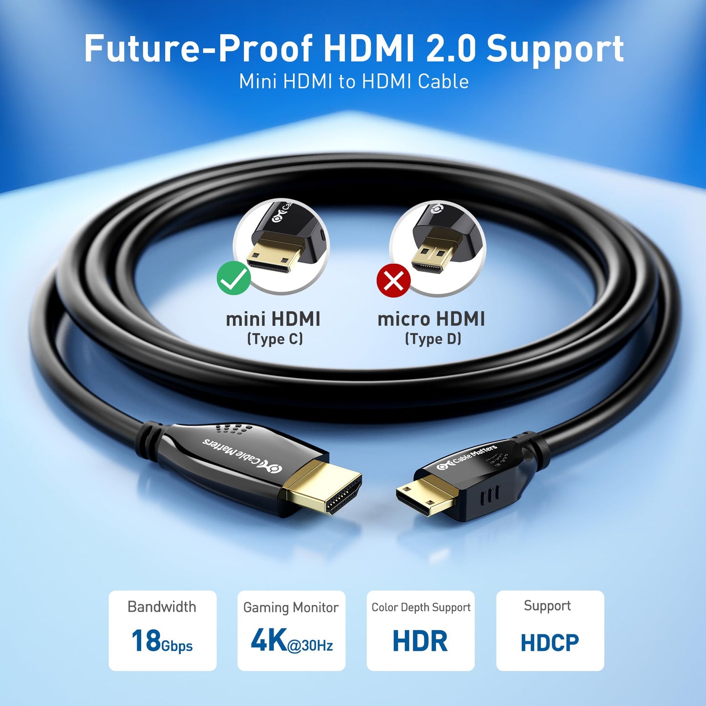 Cable Matters High-Speed Long 4K Mini HDMI to HDMI Cable - 25ft, HDMI2.0 Ready for Tablets, Nikon, Sony, Canon DSLR, Raspberry Pi Zero