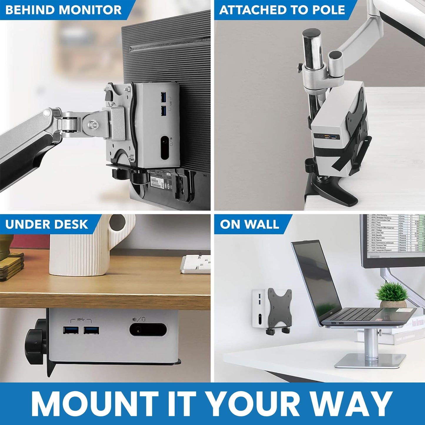 Mount-It! Adjustable Thin Client Mini PC Mount - Under Desk, Wall, Pole, or VESA Monitor Stand - Fits Mac mini, Small CPUs, Thin Clients, Docking