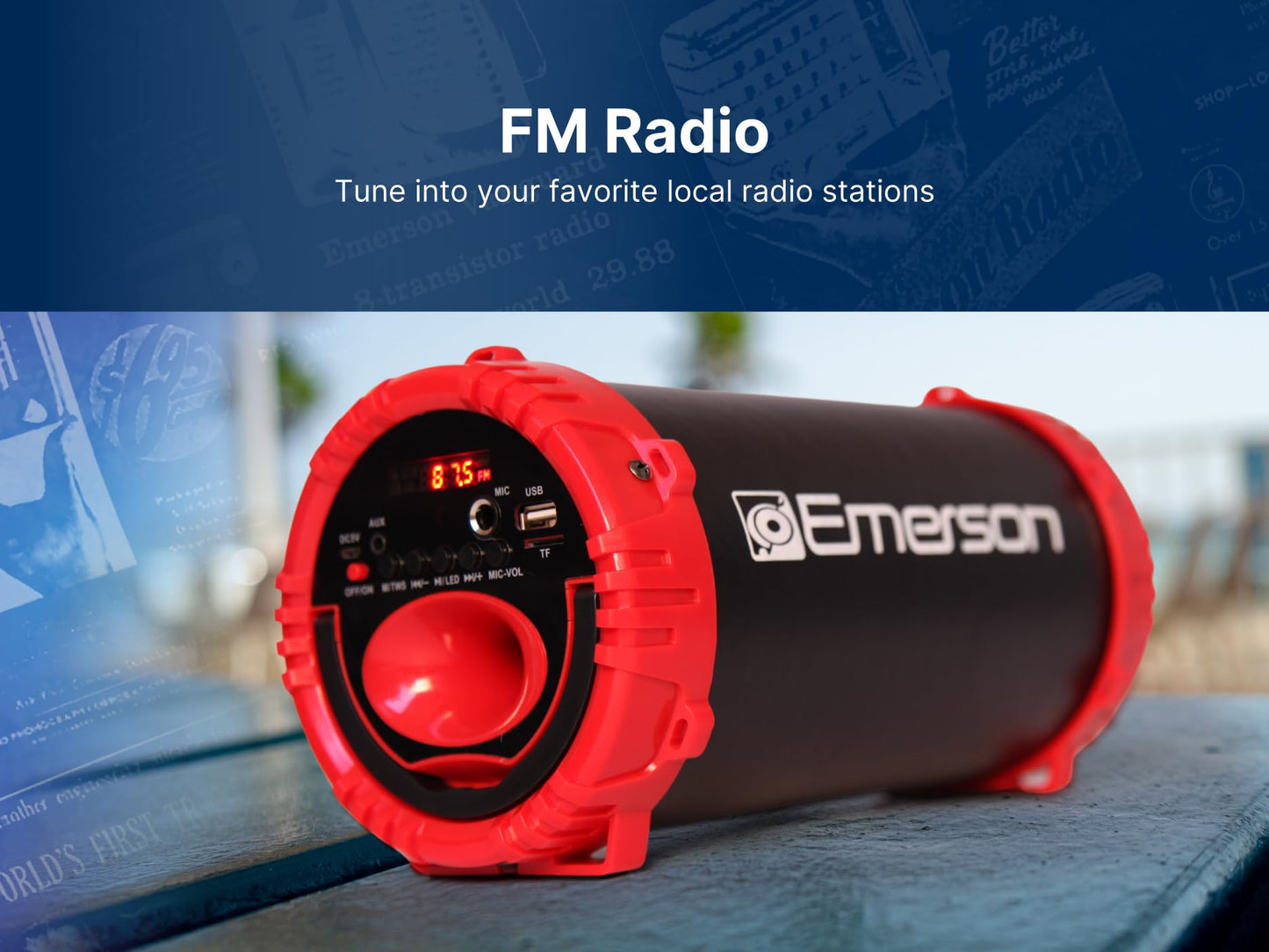 Emerson EAS-3001 Portable Bluetooth Speaker with Carrying Strap, Multicolor LED Lighting, Built-in Rechargeable Battery, AUX Input, USB Charging,