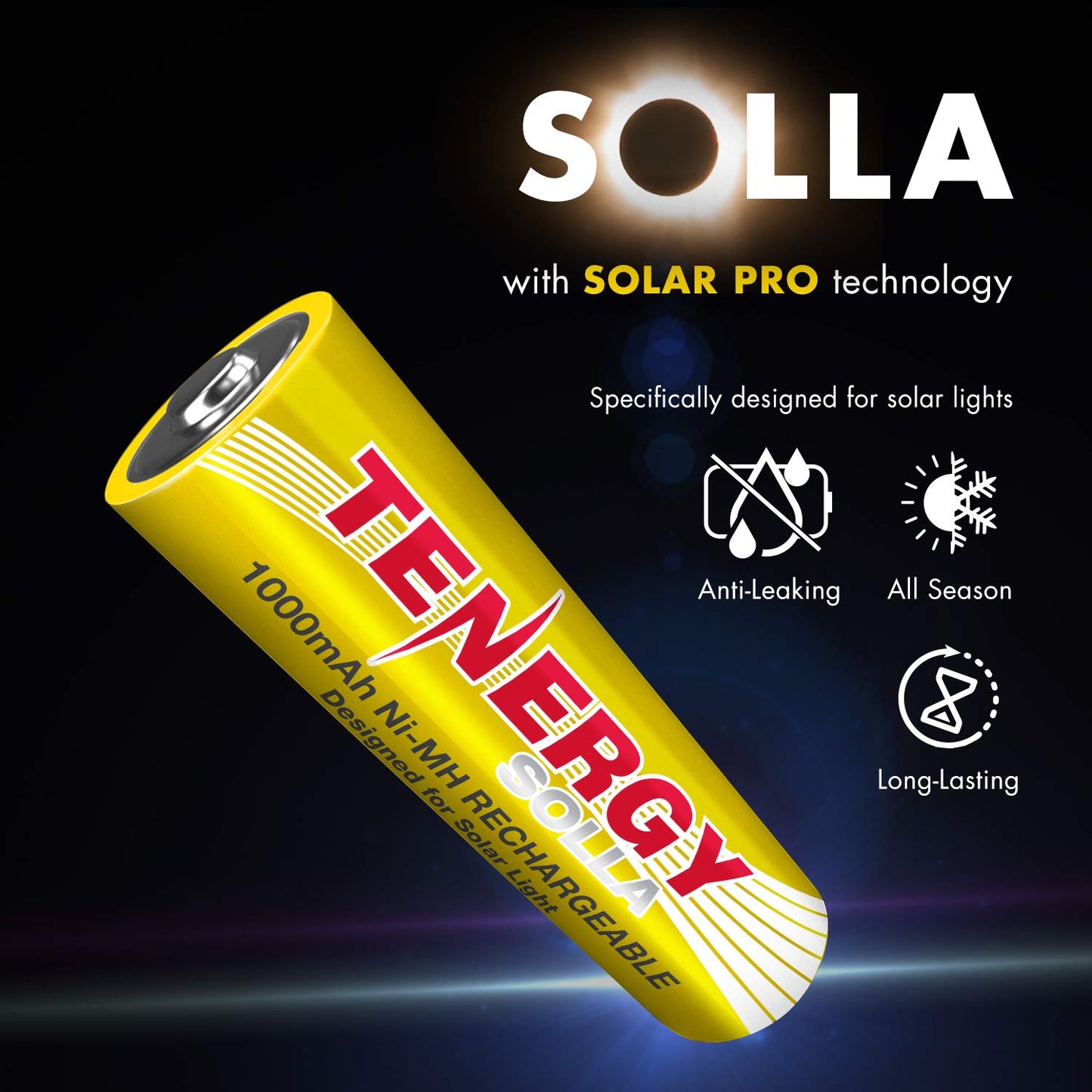 Tenergy Solla Rechargeable NiMH AA Battery, 1000mAh Solar Batteries for Solar Garden Lights, Anti-Leak, Outdoor Durability, 5+ Years Performance, 12…