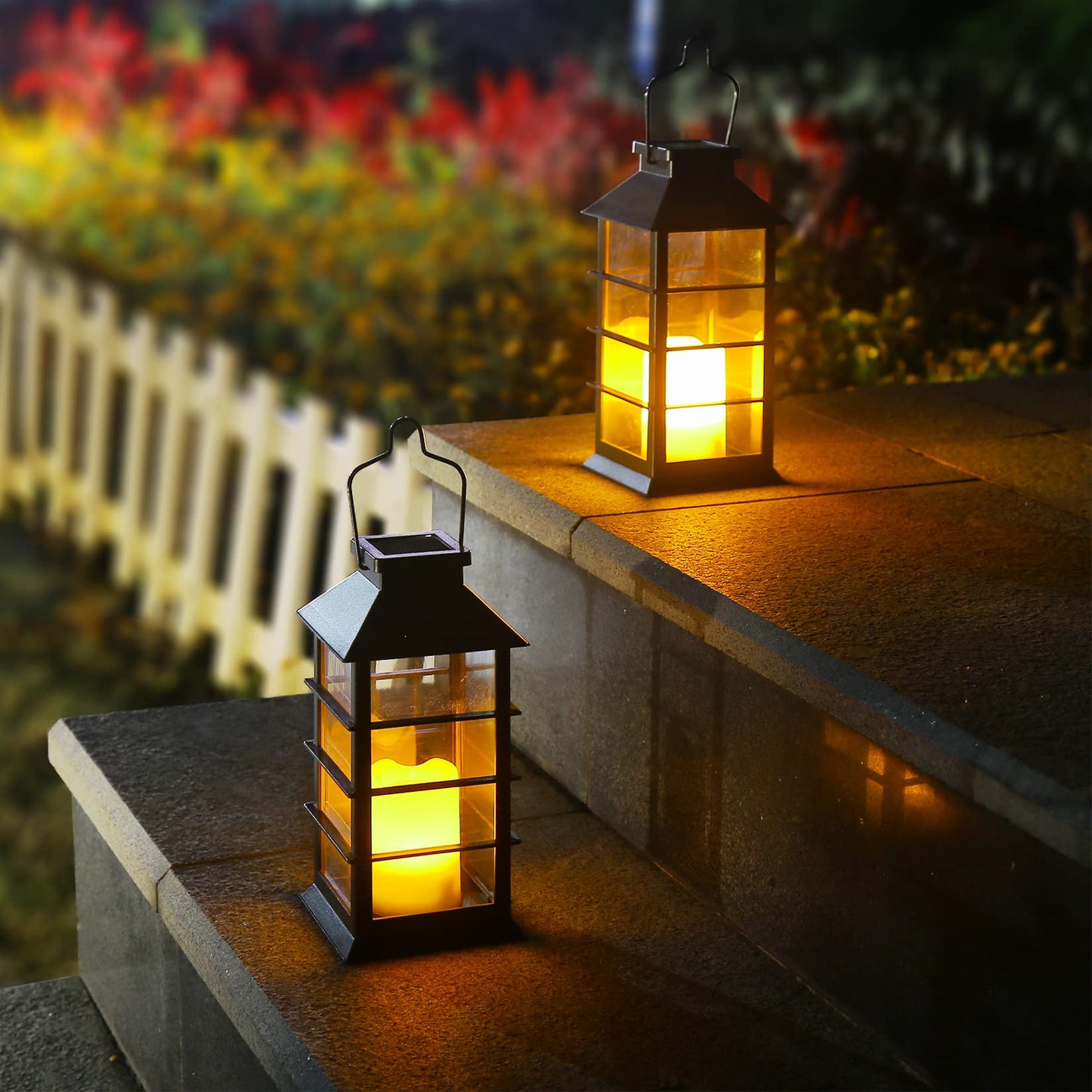 newvivid 2 Pack Outdoor Garden Hanging Lanterns with Waterproof LED Flickering Flameless Candle Solar Powered Lights Yard Decor Outdoor Decorative