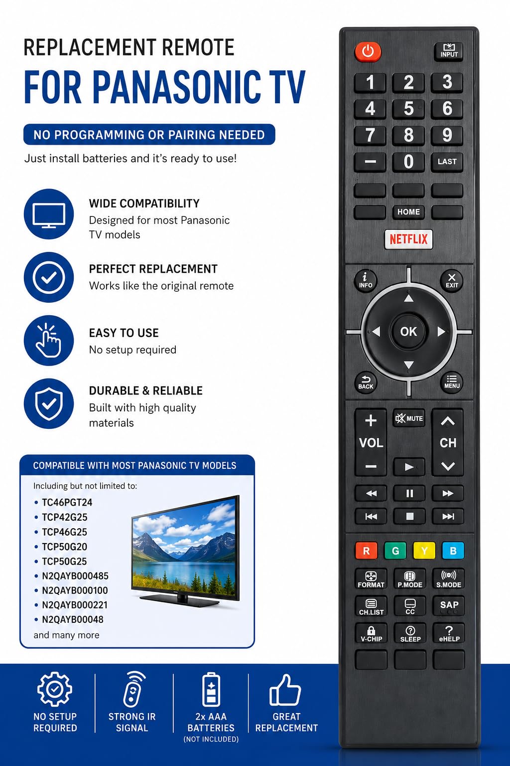 Universal for Panasonic TV Remote, Compatible with All Panasonic LCD LED QLED SUHD UHD HDTV Curved Plasma 4K 3D Smart TVs