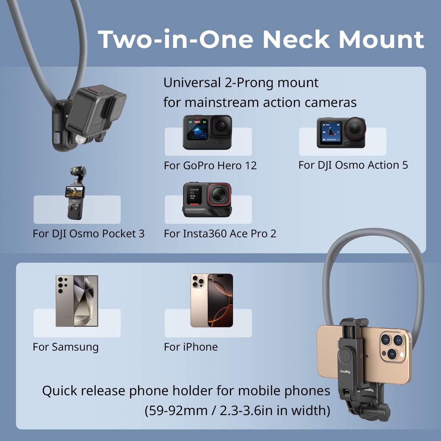 SMALLRIG Magnetic Neck Mount for Action Cameras & Phones, Comfortable POV Shooting Support with Universal 2-Prong Adapter and Phone Holder, 5128