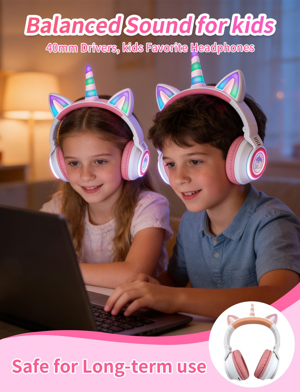 YUSONIC Upgrade Unicorn Headphones for Girls, Kids Bluetooth Wireless Headphones with 7 Colour Flash Light, 93dB Volume Limited, for Toddlers