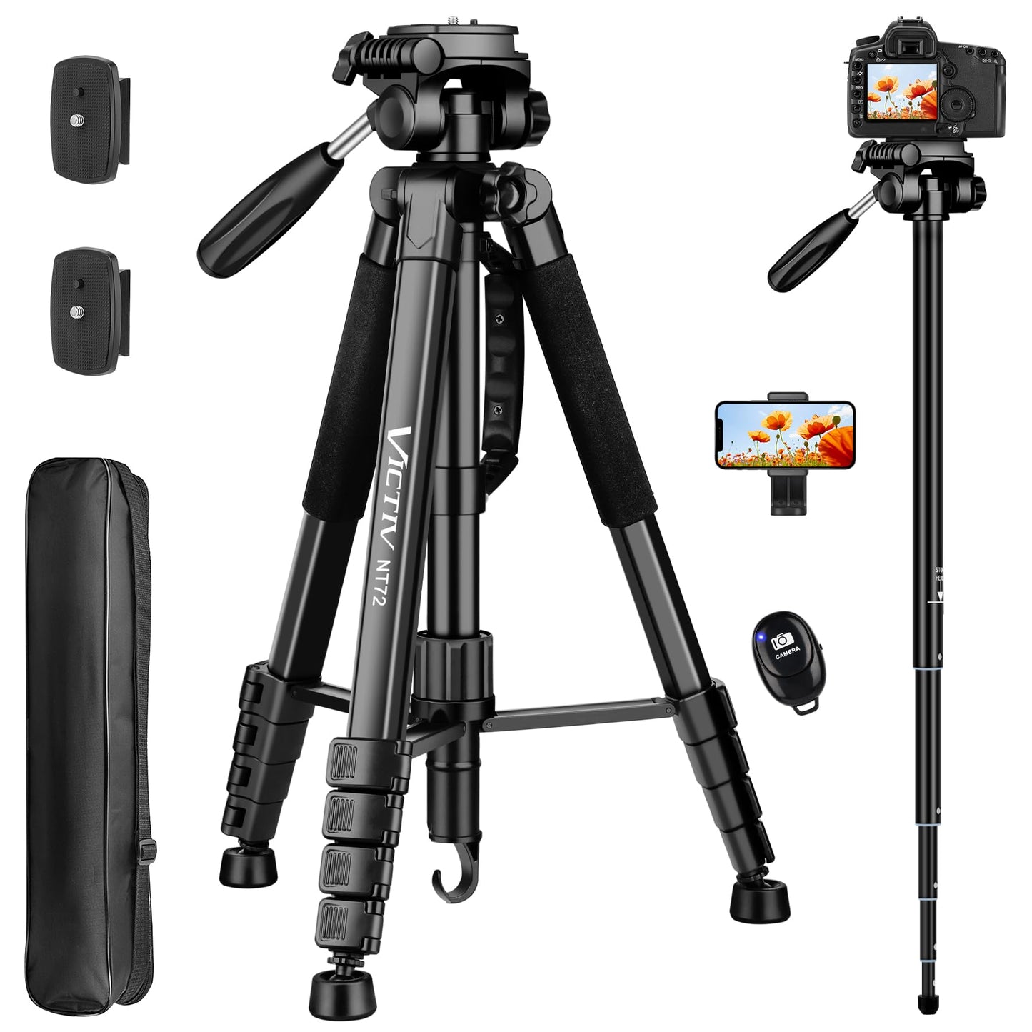 Tripod for Camera, 72" Tall Camera Tripod Monopod with Remote, Professional Heavy Duty Compact Camera Stand for Phone,DSLR, Spotting Scope, Telescope