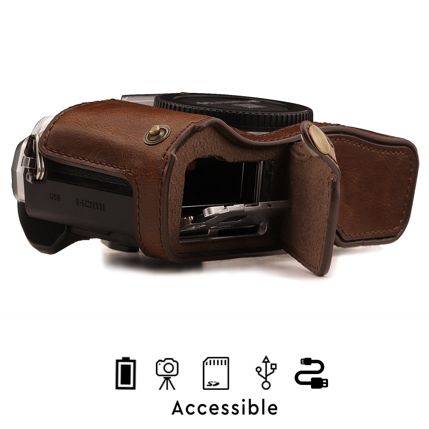 MegaGear MG1351 Olympus OM-D E-M10 Mark III Ever Ready Leather Camera Half Case and Strap, with Battery Access, Dark Brown