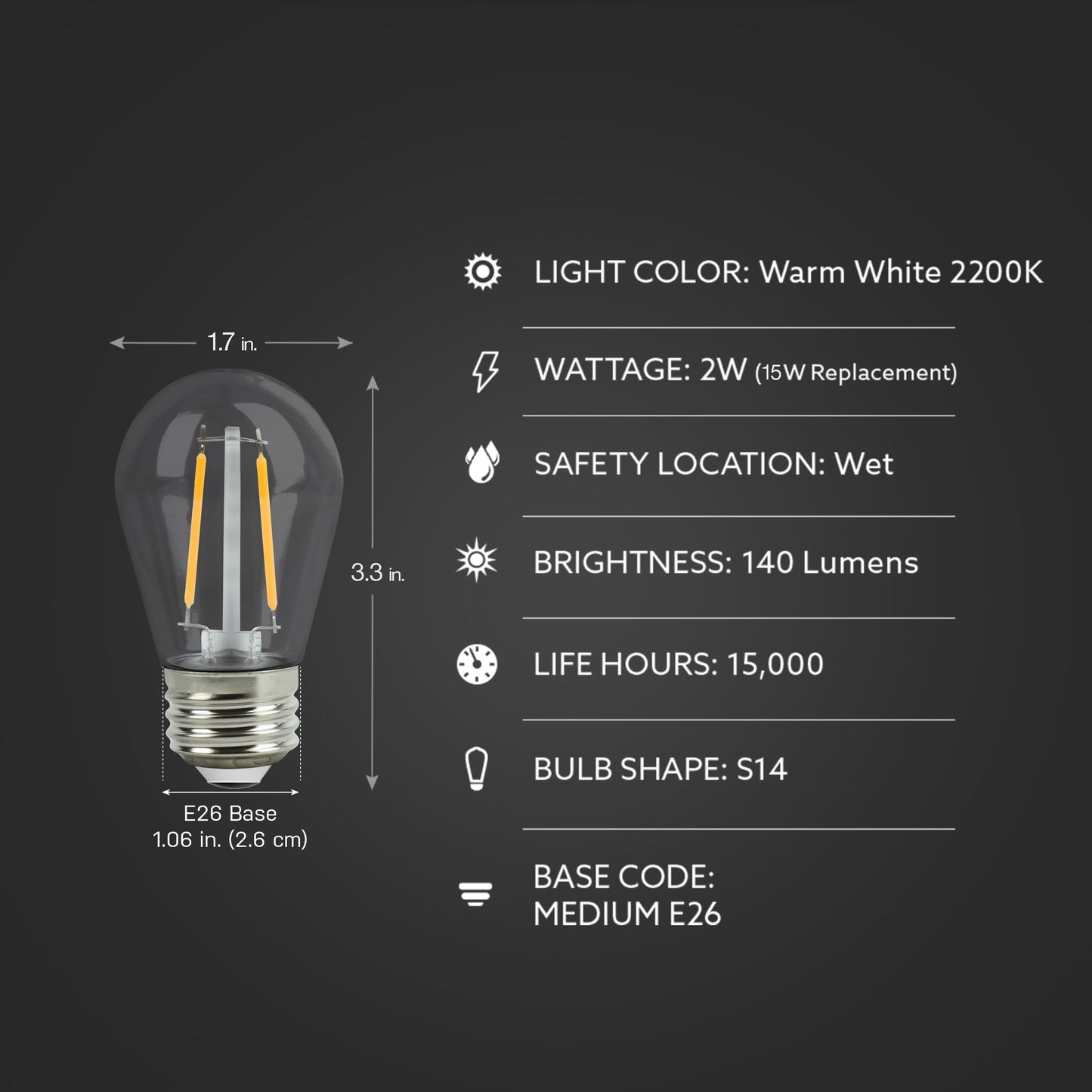Feit Electric S14 LED Filament Light Bulbs, High Output, 2200K Warm White, 140 Lumens, String Light Replacement Bulbs, 15,000-Hour Lifespan, Clear